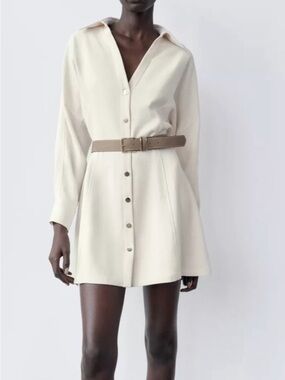 Zara Cream Button-Front Shirt Dress with Taupe Belt